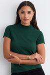 Women's Slim Organic Cotton Short Sleeve Mock Neck Top | Dark Pine Green | Fair Indigo | Ethically Made Clothing | Fair Trade Clothes