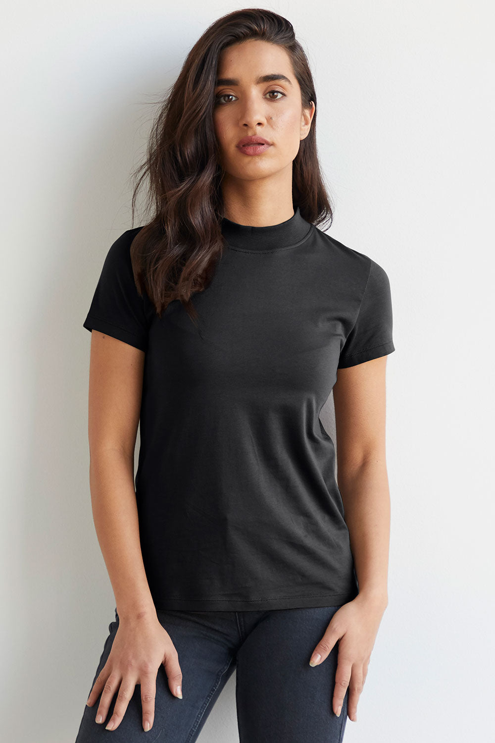 Women's Slim Organic Cotton Short Sleeve Mock Neck Top | Black | Fair Indigo | Ethically Made Clothing | Fair Trade Clothes