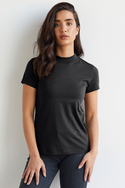 Women's Slim Organic Cotton Short Sleeve Mock Neck Top | Black | Fair Indigo | Ethically Made Clothing | Fair Trade Clothes