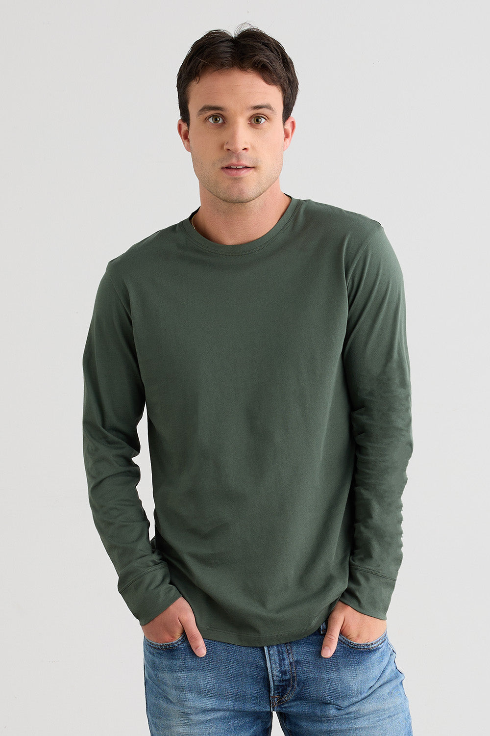 Men's 100% Organic Cotton Long Sleeve Crew Neck T-shirt | Balsam Green | Fair Indigo | Ethically Made Clothing | Fair Trade Clothes
