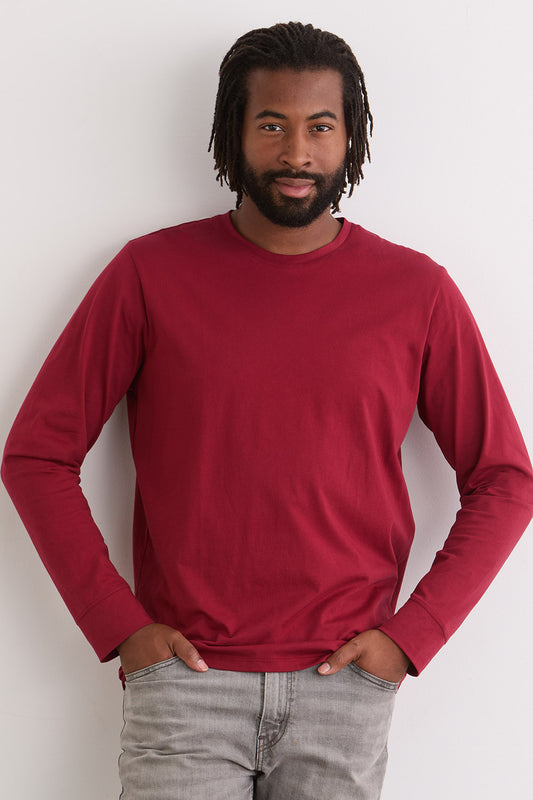 Men's 100% Organic Cotton Long Sleeve Crew Neck T-shirt | Bonfire Red | Fair Indigo | Ethically Made Clothing | Fair Trade Clothes