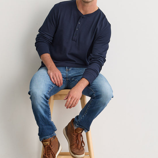 Men's 100% Organic Cotton Long Sleeve Henley | Dark Navy Blue | Fair Indigo | Ethically Made Clothing | Fair Trade Clothes