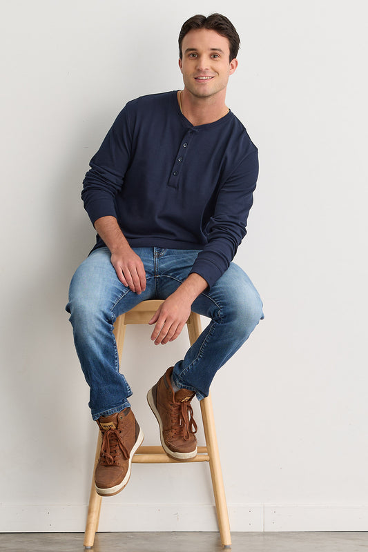 Men's 100% Organic Cotton Long Sleeve Henley | Dark Navy Blue | Fair Indigo | Ethically Made Clothing | Fair Trade Clothes