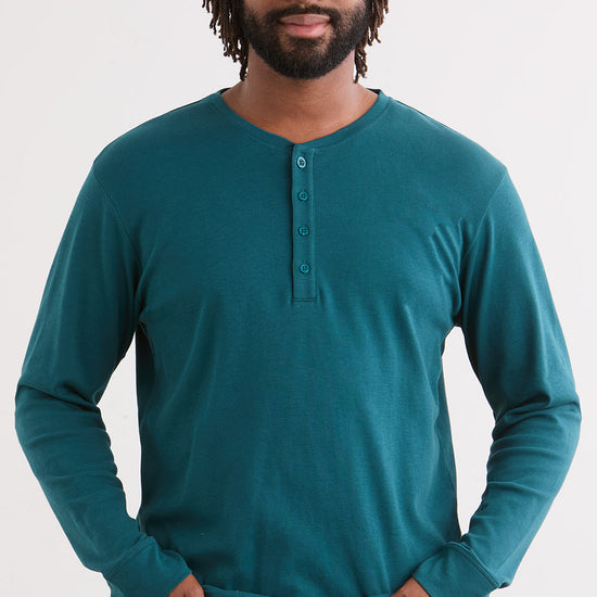 Men's 100% Organic Cotton Long Sleeve Henley | Deep Teal Green | Fair Indigo | Ethically Made Clothing | Fair Trade Clothes