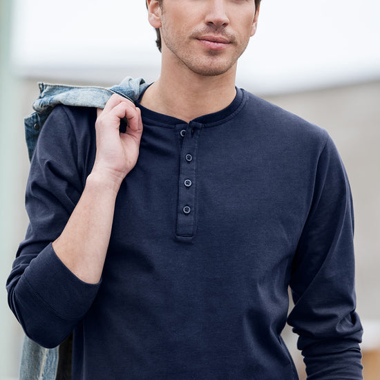 Men's 100% Organic Cotton Long Sleeve Henley | Navy Blue | Fair Indigo | Ethically Made Clothing | Fair Trade Clothes
