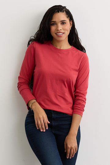 Women's 100% Organic Cotton Relaxed Long Sleeve Crew Neck T-Shirt | Vintage Red | Fair Indigo | Ethically Made Clothing | Fair Trade Clothes