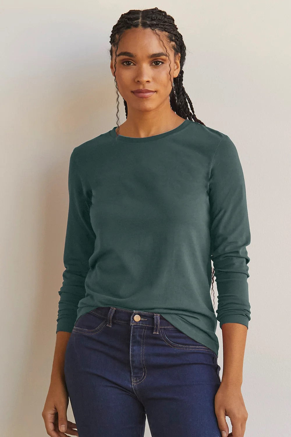 Women's 100% Organic Cotton Relaxed Long Sleeve Crew Neck T-Shirt | Balsam Green | Fair Indigo | Ethically Made Clothing | Fair Trade Clothes