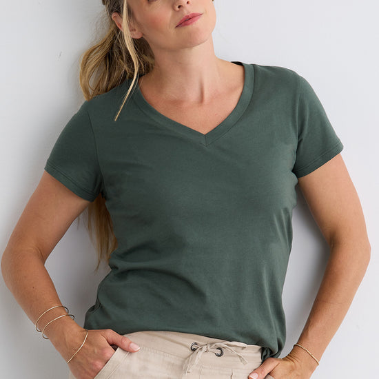 Women's 100% Organic Cotton Relaxed V-neck T-shirt | Balsam Green | Fair Indigo | Ethically Made Clothing | Fair Trade Clothes