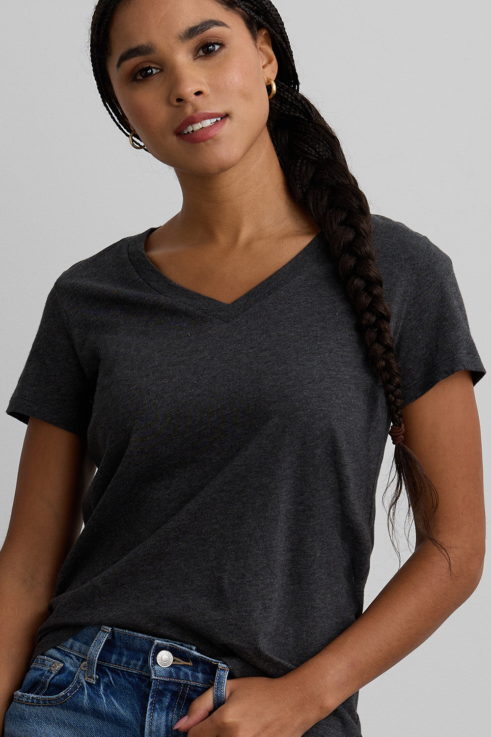 Women's 100% Organic Cotton Relaxed V-neck T-shirt | Dark Charcoal Grey Heather | Fair Indigo | Ethically Made Clothing | Fair Trade Clothes