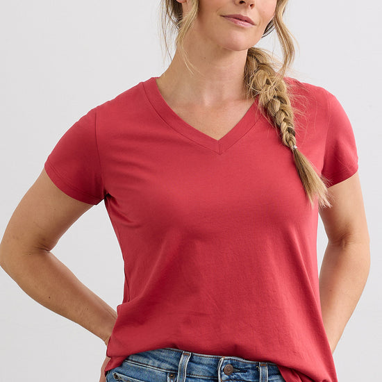 Women's 100% Organic Cotton Relaxed V-neck T-shirt | Vintage Red | Fair Indigo | Ethically Made Clothing | Fair Trade Clothes