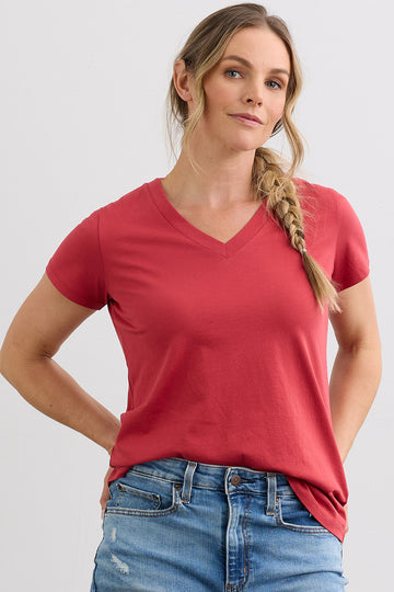 Women's 100% Organic Cotton Relaxed V-neck T-shirt | Vintage Red | Fair Indigo | Ethically Made Clothing | Fair Trade Clothes