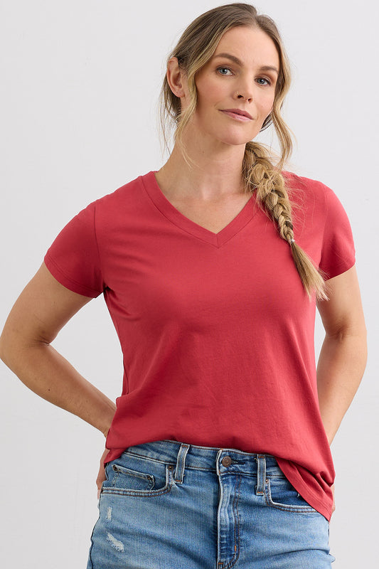 Women's 100% Organic Cotton Relaxed V-neck T-shirt | Vintage Red | Fair Indigo | Ethically Made Clothing | Fair Trade Clothes