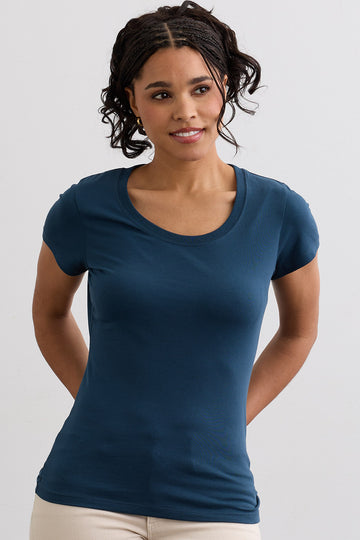 Women's Organic Cotton Slim Scoop Neck Tee | Dark Ocean Blue | Fair Indigo | Ethically Made Clothing | Fair Trade Clothes