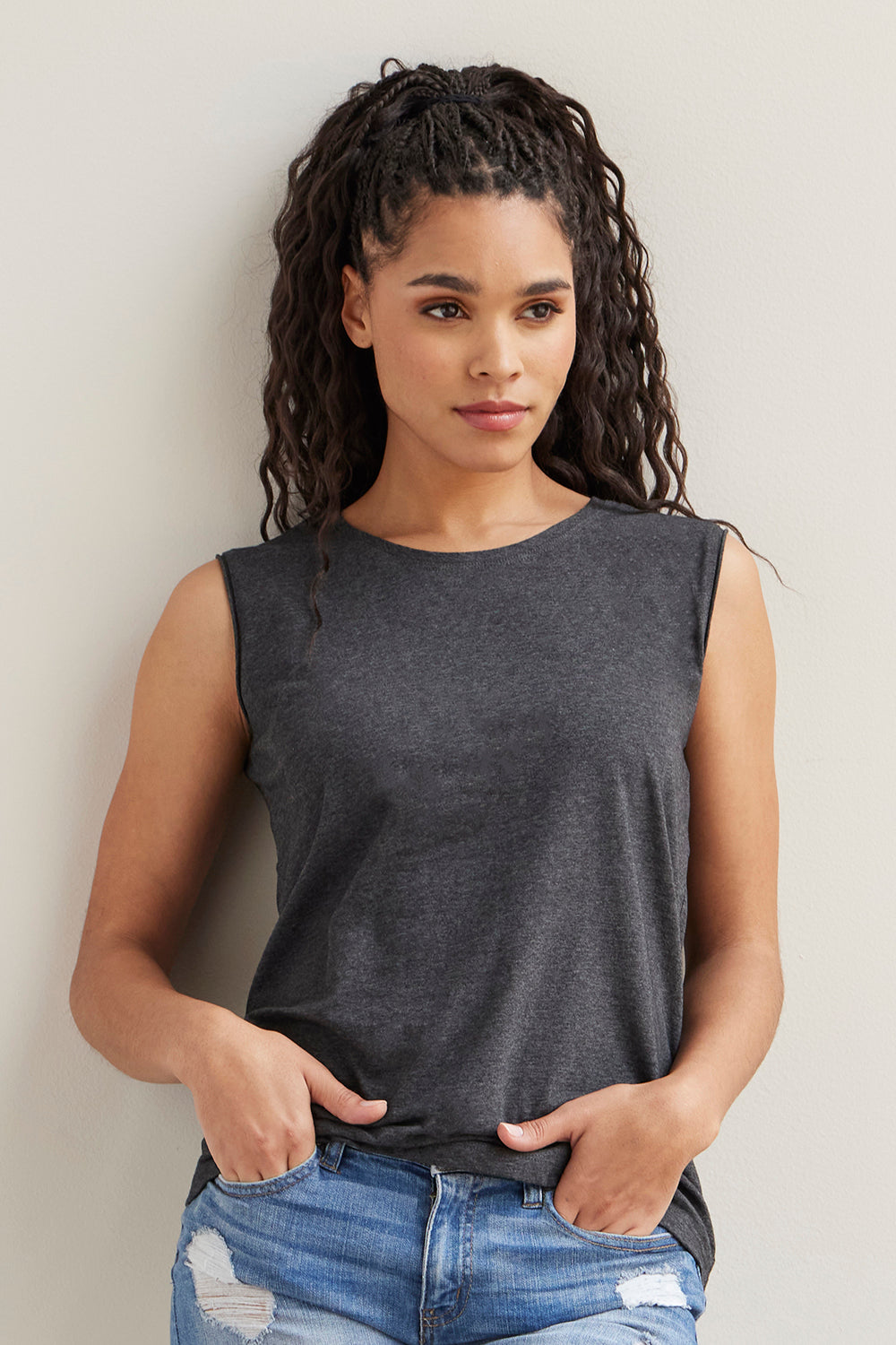 Women's 100% Organic Cotton Sleeveless Tee | Dark Charcoal Grey Heather | Fair Indigo | Ethically Made Clothing | Fair Trade Clothes