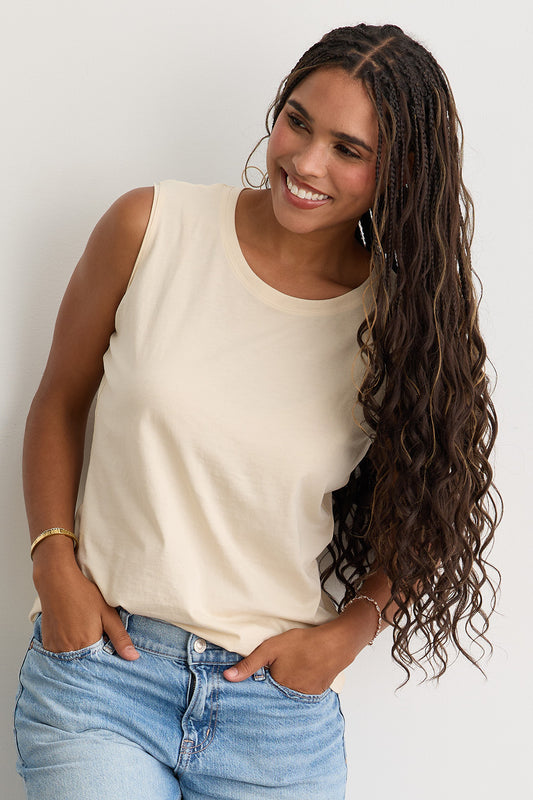 Women's 100% Organic Cotton Sleeveless Tee | Undyed Dye Free No Dye | Fair Indigo | Ethically Made Clothing | Fair Trade Clothes