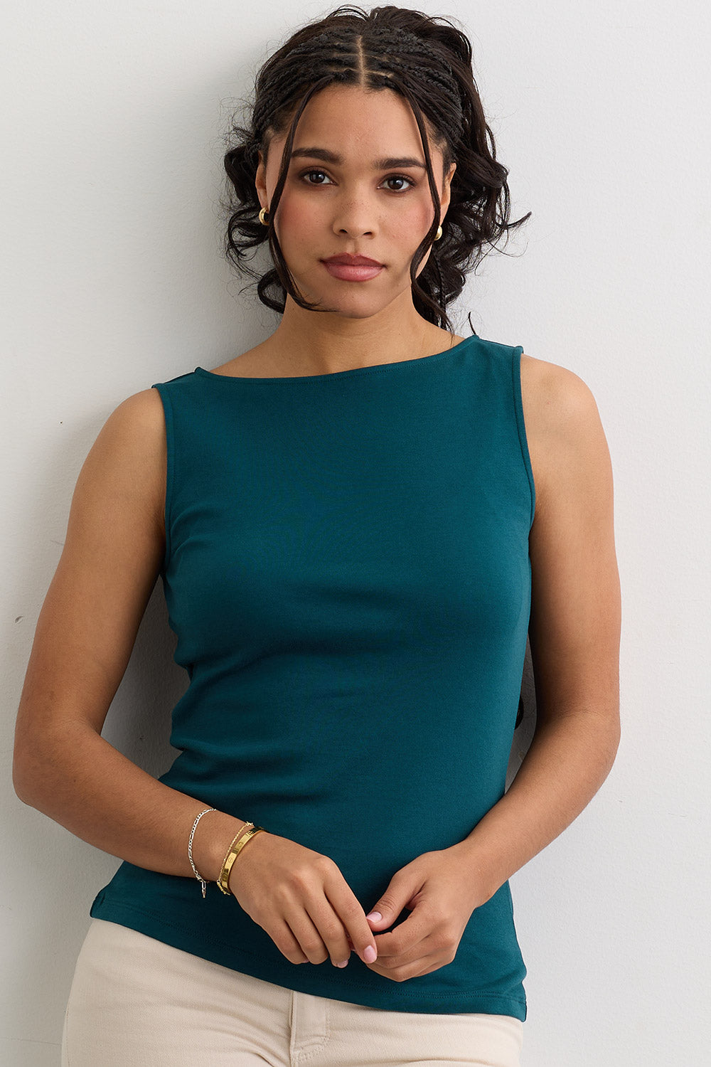 Women's Luxe 100% Organic Cotton Sleeveless Boat Neck Tee | Deep Teal Green | Fair Indigo | Ethically Made Clothing | Fair Trade Clothes
