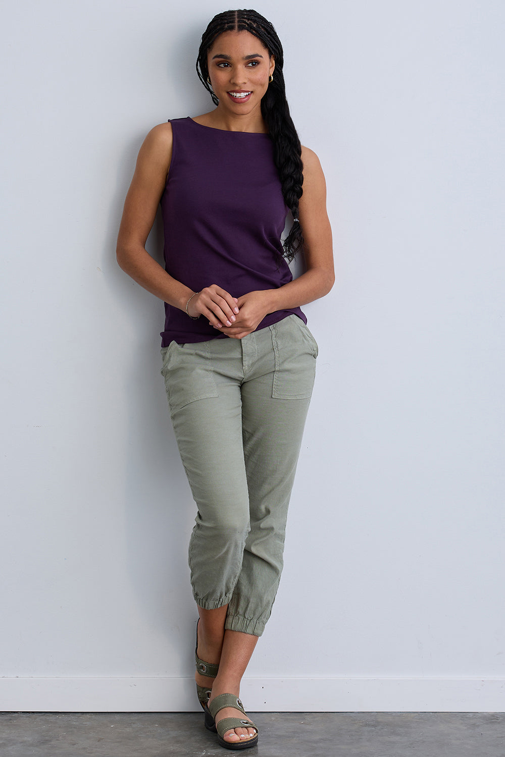 Women's Luxe 100% Organic Cotton Sleeveless Boat Neck Tee | Eggplant Purple | Fair Indigo | Ethically Made Clothing | Fair Trade Clothes