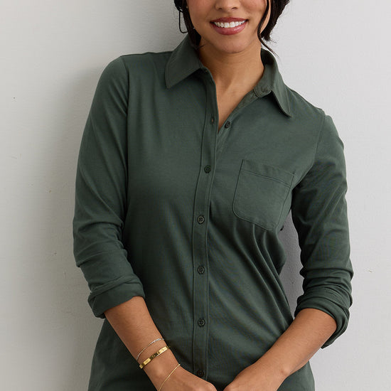 Women's 100% Organic Cotton Knit Button Down Shirt | Balsam Green | Fair Indigo | Ethically Made Clothing | Fair Trade Clothes