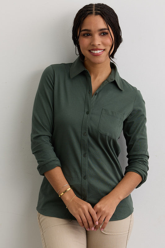 Women's 100% Organic Cotton Knit Button Down Shirt | Balsam Green | Fair Indigo | Ethically Made Clothing | Fair Trade Clothes