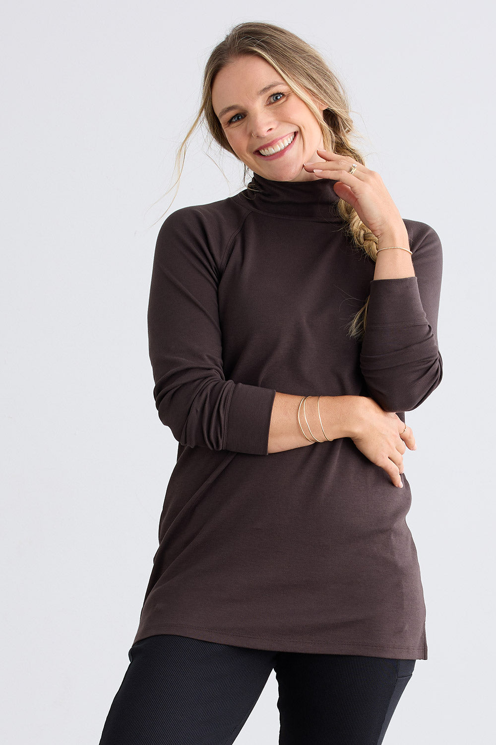 Women's Luxe Organic Cotton 100% Cotton High-Neck Tunic | Chocolate Brown | Fair Indigo | Ethically Made Clothing | Fair Trade Clothes