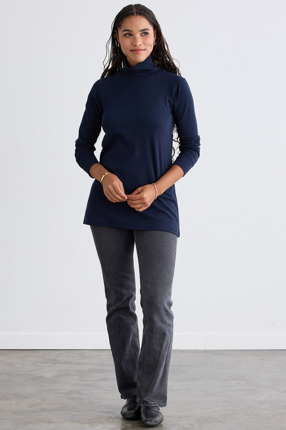 Women's Luxe Organic Cotton 100% Cotton High-Neck Tunic | Dark Navy Blue | Fair Indigo | Ethically Made Clothing | Fair Trade Clothes