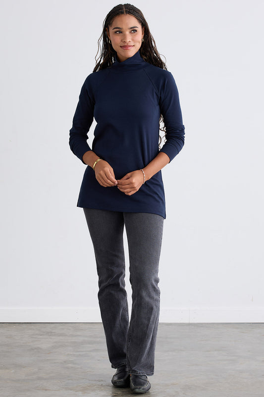 Women's Luxe Organic Cotton 100% Cotton High-Neck Tunic | Dark Navy Blue | Fair Indigo | Ethically Made Clothing | Fair Trade Clothes