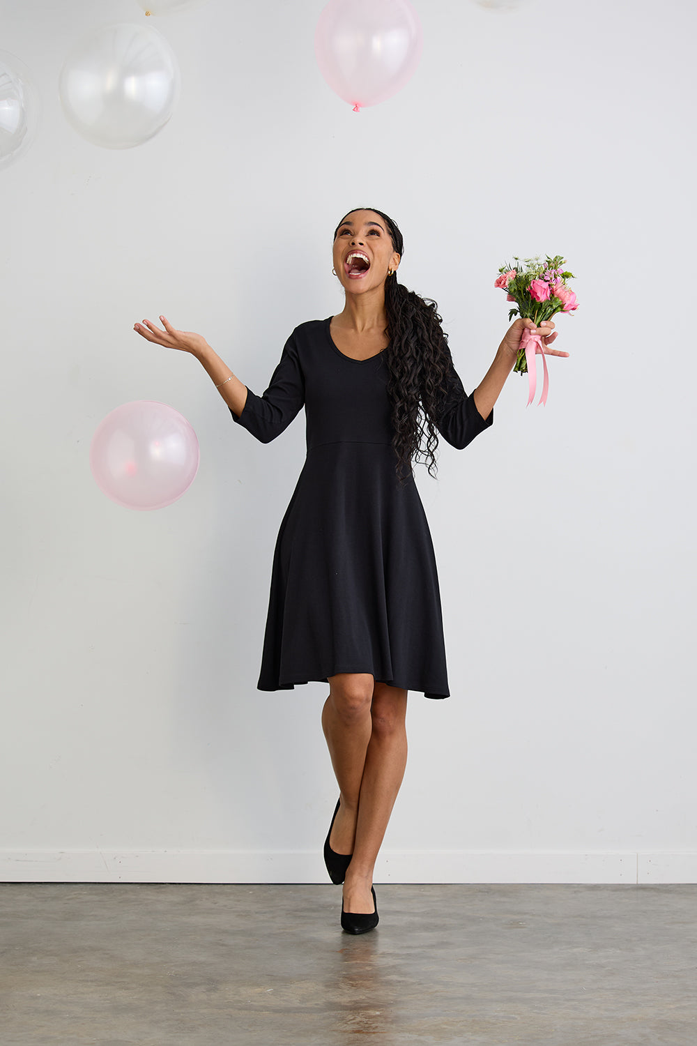 Women's Organic Cotton 100% Cotton 3/4 Sleeve V-neck Dress | Black | Fair Indigo | Ethically Made Clothing | Fair Trade Clothes