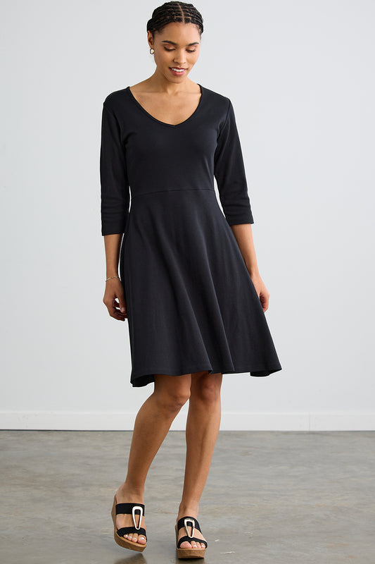 Women's Organic Cotton 100% Cotton 3/4 Sleeve V-neck Dress | Black | Fair Indigo | Ethically Made Clothing | Fair Trade Clothes