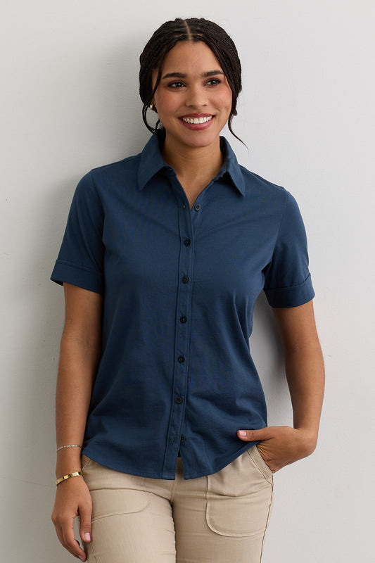 Women's Organic Cotton 100% Cotton Short Sleeve Button Down Shirt | Indigo Blue | Fair Indigo | Ethically Made Clothing | Fair Trade Clothes