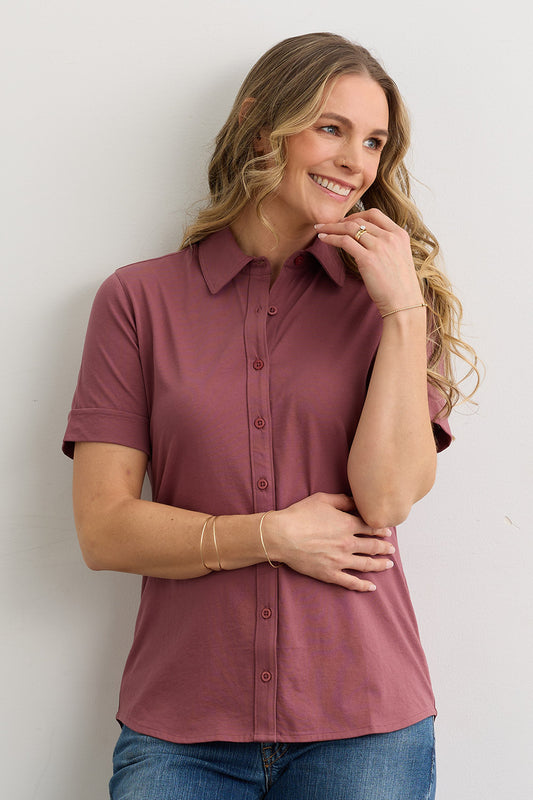 Women's Organic Cotton 100% Cotton Short Sleeve Button Down Shirt | Soft Plum Pink Purple | Fair Indigo | Ethically Made Clothing | Fair Trade Clothes