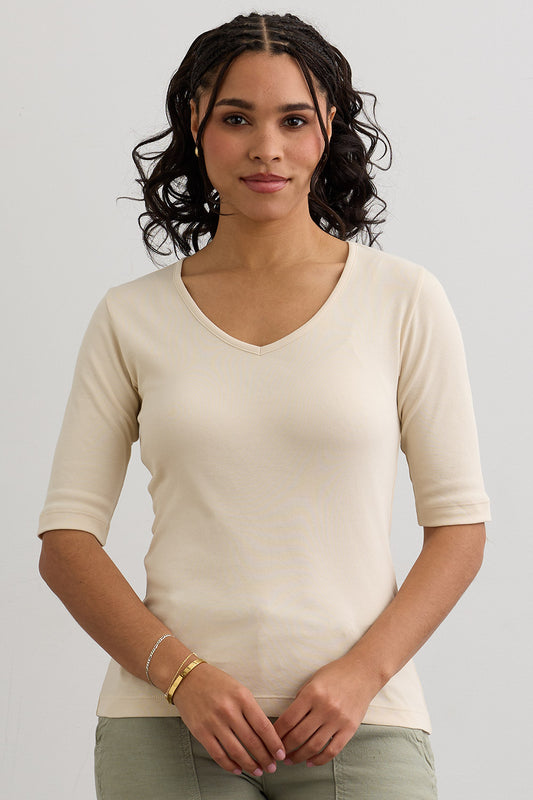 Women's Luxe 100% Cotton Half Sleeve V-neck Top | Undyed Dye Free No Dye | Fair Indigo | Ethically Made Clothing | Fair Trade Clothes