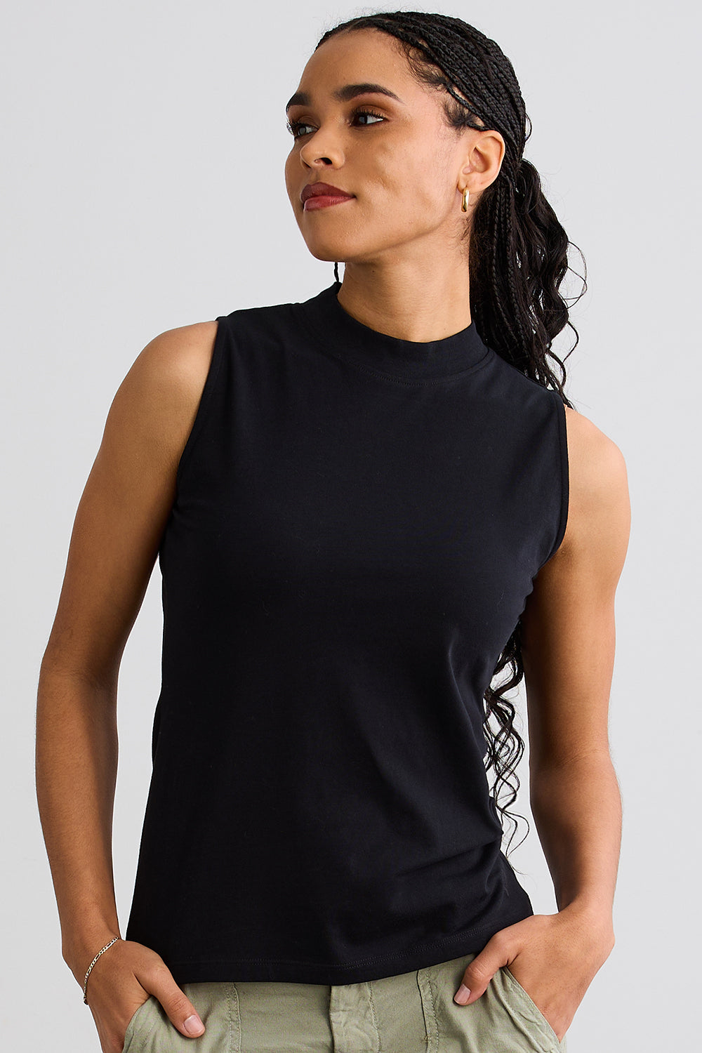 Women's Organic Cotton Sleeveless Mock Neck Tee | Black | Fair Indigo | Ethically Made Clothing | Fair Trade Clothes