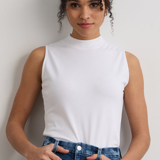 Women's Organic Cotton Sleeveless Mock Neck Tee | White | Fair Indigo | Ethically Made Clothing | Fair Trade Clothes