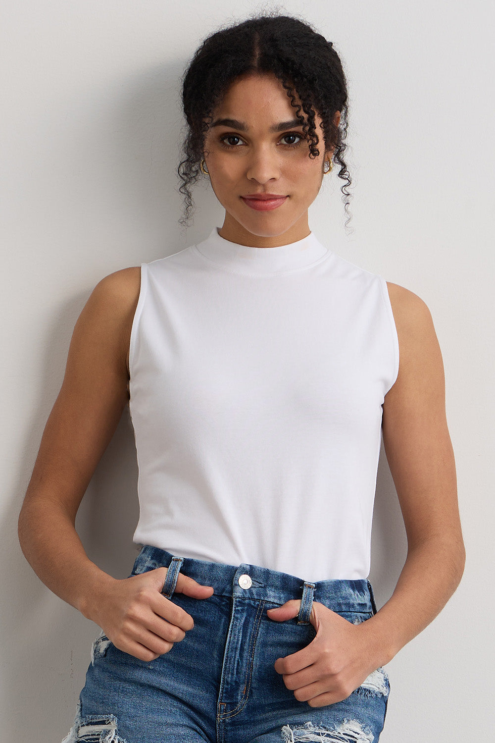 Women's Organic Cotton Sleeveless Mock Neck Tee | White | Fair Indigo | Ethically Made Clothing | Fair Trade Clothes