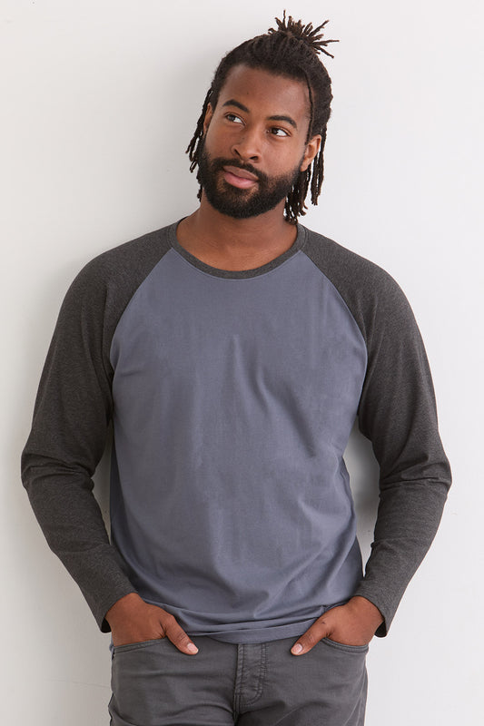 Men's Organic Cotton Raglan Sleeve T-shirt | Blue Grey | Fair Indigo | Ethically Made Clothing | Fair Trade Clothes