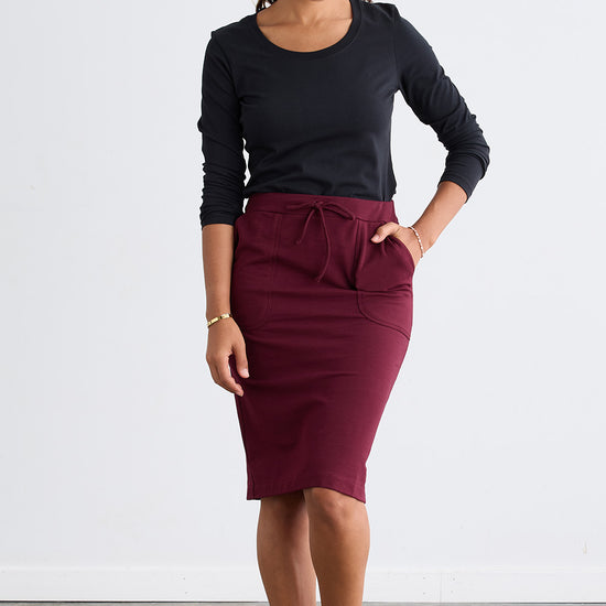 Women's Organic Cotton French Terry Pocket Midi Skirt | Burgundy Red | Fair Indigo | Ethically Made Clothing | Fair Trade Clothes