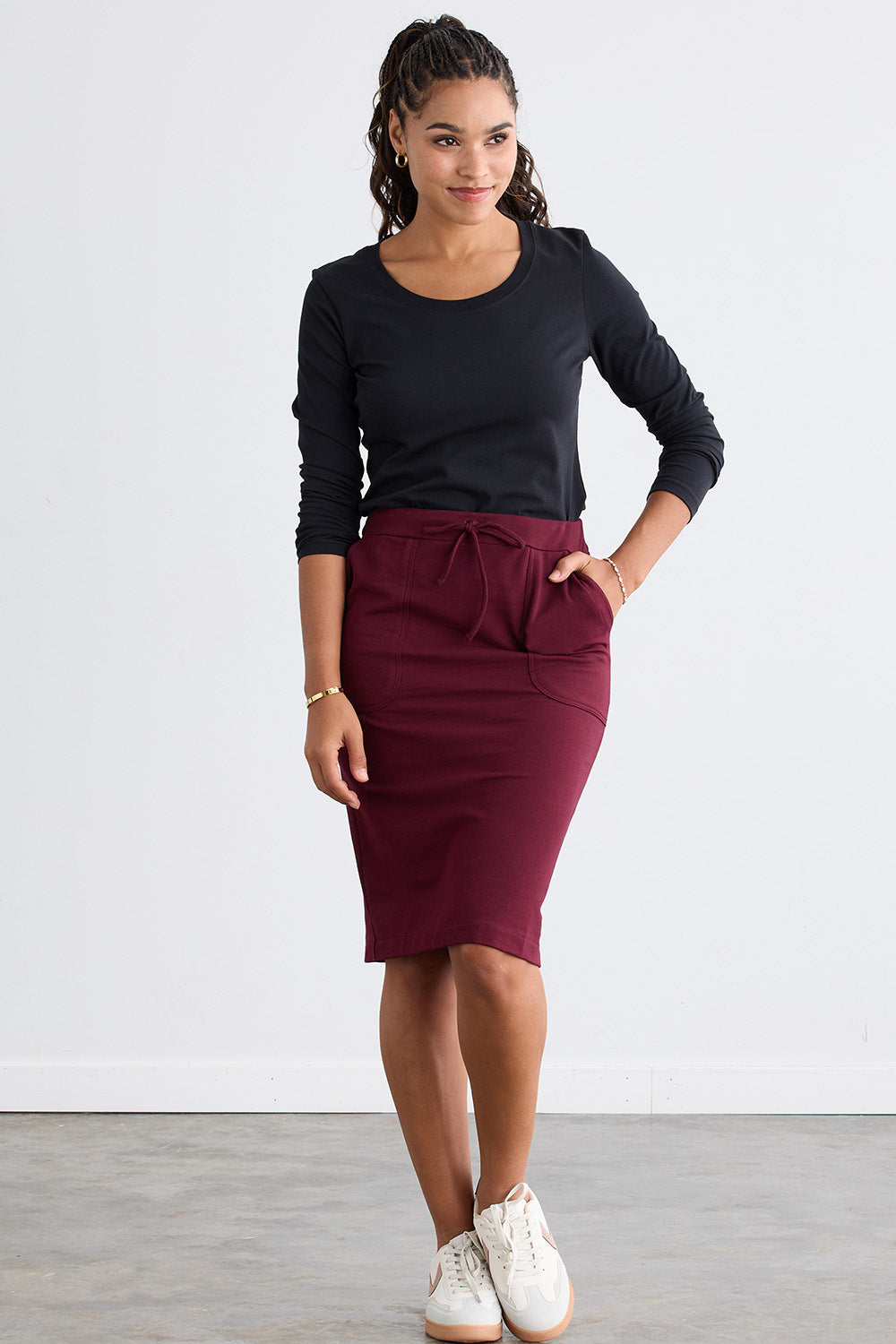 Women's Organic Cotton French Terry Pocket Midi Skirt | Burgundy Red | Fair Indigo | Ethically Made Clothing | Fair Trade Clothes