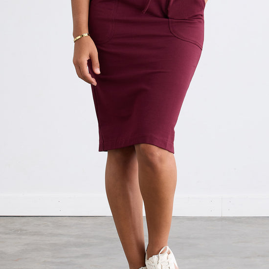 Women's Organic Cotton French Terry Pocket Midi Skirt | Burgundy Red | Fair Indigo | Ethically Made Clothing | Fair Trade Clothes