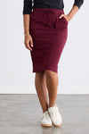 Women's Organic Cotton French Terry Pocket Midi Skirt | Burgundy Red | Fair Indigo | Ethically Made Clothing | Fair Trade Clothes
