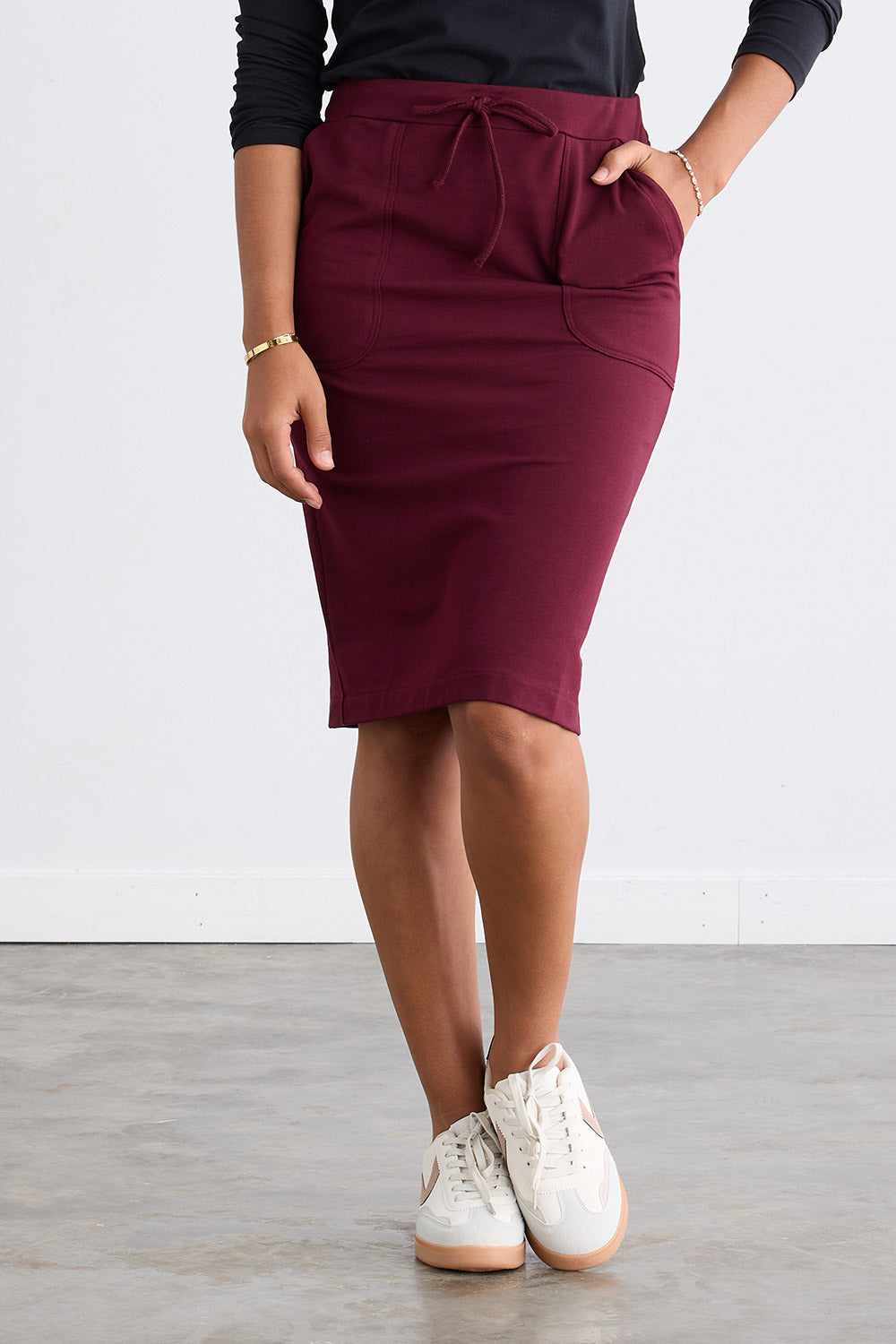 Women's Organic Cotton French Terry Pocket Midi Skirt | Burgundy Red | Fair Indigo | Ethically Made Clothing | Fair Trade Clothes