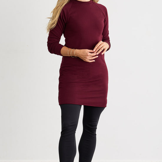 Women's Organic Cotton Sweatshirt Dress | Burgundy Red | Fair Indigo | Ethically Made Clothing | Fair Trade Clothes