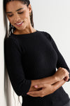 Women's Organic Cotton ¾ Sleeve Cable Boat Neck Sweater | Black | Fair Indigo | Ethically Made Clothing | Fair Trade Clothes