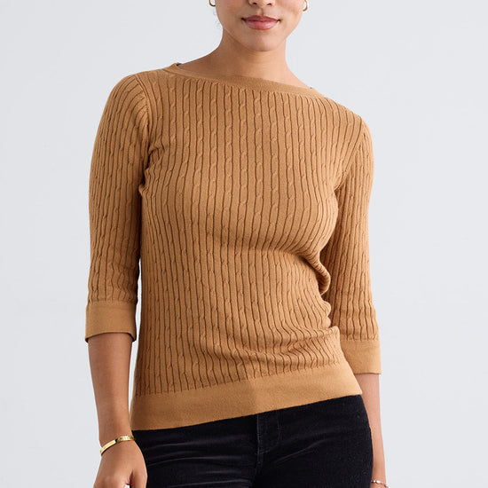 Women's Organic Cotton ¾ Sleeve Cable Boat Neck Sweater | Camel | Fair Indigo | Ethically Made Clothing | Fair Trade Clothes