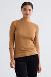 Women's Organic Cotton ¾ Sleeve Cable Boat Neck Sweater | Camel | Fair Indigo | Ethically Made Clothing | Fair Trade Clothes