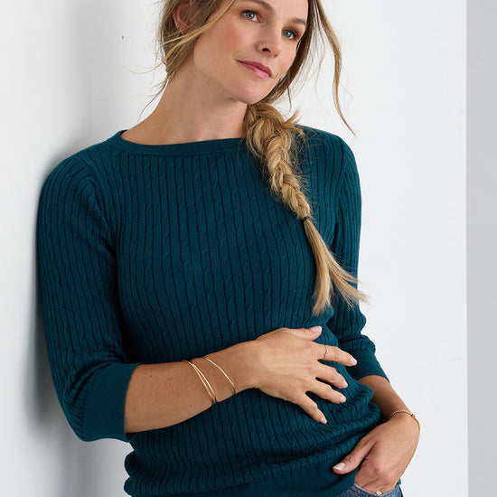 Women's Organic Cotton ¾ Sleeve Cable Boat Neck Sweater | Deep Teal Green | Fair Indigo | Ethically Made Clothing | Fair Trade Clothes
