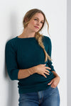 Women's Organic Cotton ¾ Sleeve Cable Boat Neck Sweater | Deep Teal Green | Fair Indigo | Ethically Made Clothing | Fair Trade Clothes