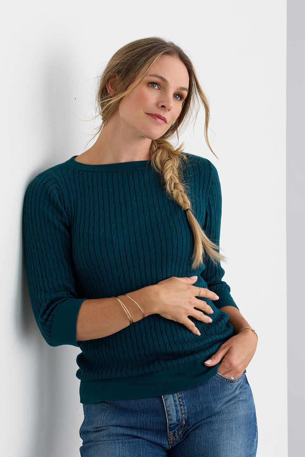 Women's Organic Cotton ¾ Sleeve Cable Boat Neck Sweater | Deep Teal Green | Fair Indigo | Ethically Made Clothing | Fair Trade Clothes