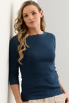Women's Organic Cotton ¾ Sleeve Cable Boat Neck Sweater | Indigo Blue | Fair Indigo | Ethically Made Clothing | Fair Trade Clothes