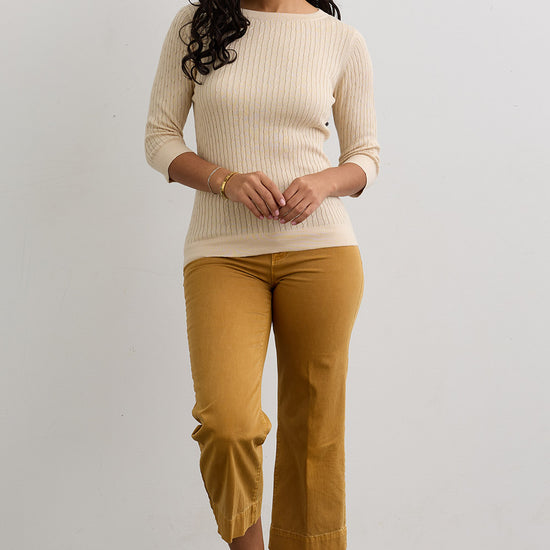 Women's Organic Cotton ¾ Sleeve Cable Boat Neck Sweater | Undyed Dye Free No Dye | Fair Indigo | Ethically Made Clothing | Fair Trade Clothes