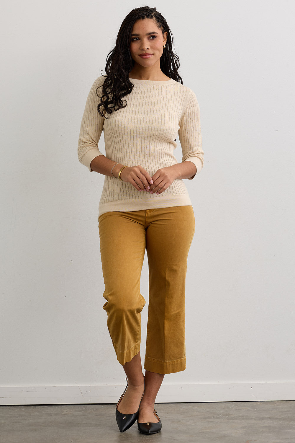 Women's Organic Cotton ¾ Sleeve Cable Boat Neck Sweater | Undyed Dye Free No Dye | Fair Indigo | Ethically Made Clothing | Fair Trade Clothes